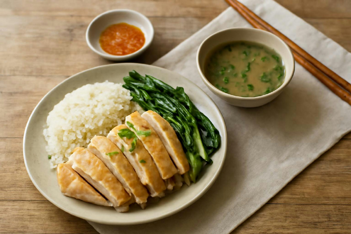 đĩa cơm gà với rau luộc và bát canh trên bàn ăn gia đình