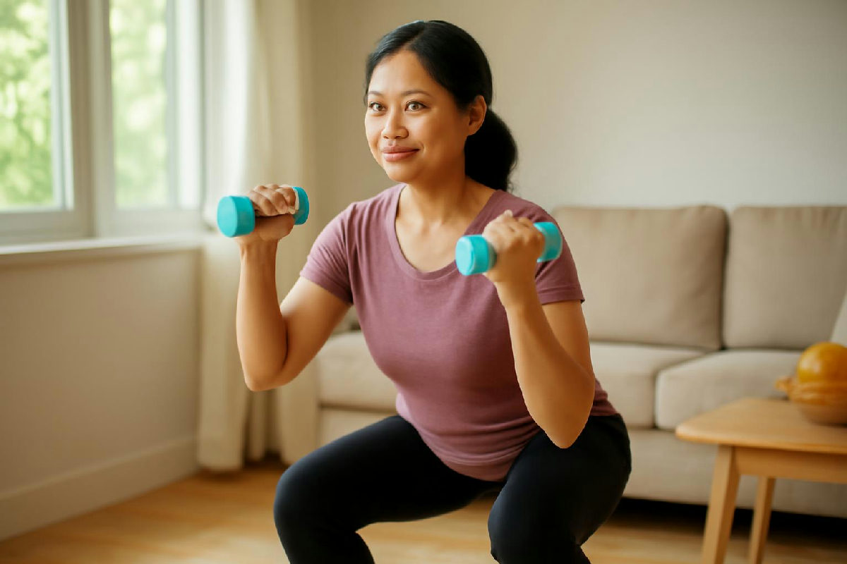 người phụ nữ tập squat với tạ nhẹ trong phòng khách