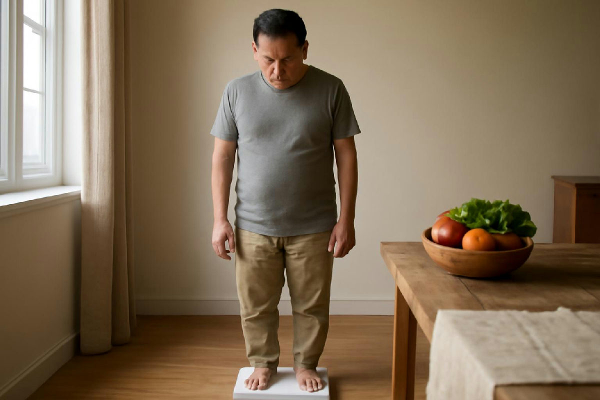 người đàn ông trung niên đứng cân trên cân sức khỏe trong phòng