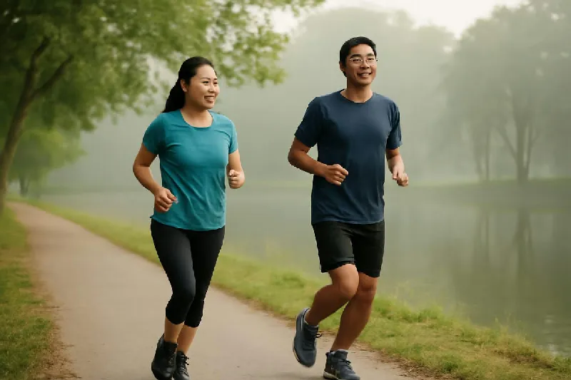 Người đi bộ buổi sáng trên đường ven hồ, mặc đồ thể thao