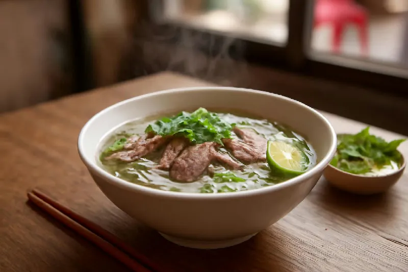 Tô phở bò vừa với thịt nạc, hành và rau thơm trên bàn ăn