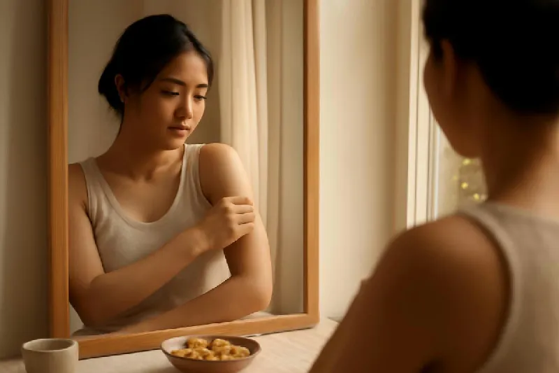 Người phụ nữ đứng soi gương, đưa tay lên kiểm tra bắp tay
