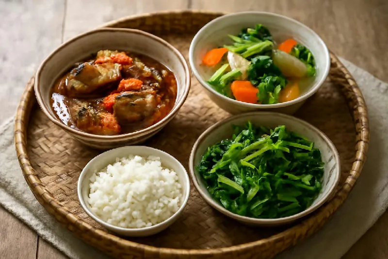 Mâm cơm Việt có cá kho, canh rau và đĩa rau luộc