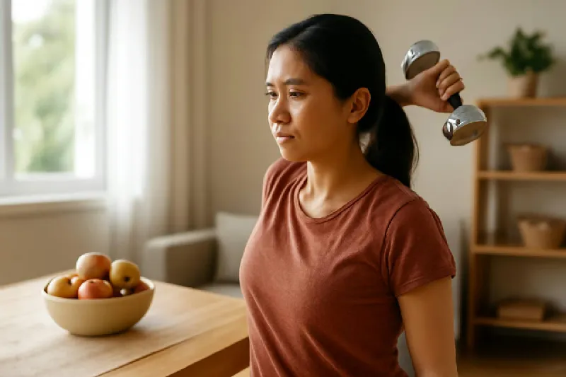 Người phụ nữ Việt tập tạ tay sau bằng tạ đơn tại phòng khách