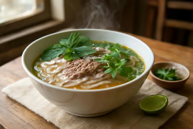 Bát phở bò với rau thơm đặt trên bàn gỗ trong quán