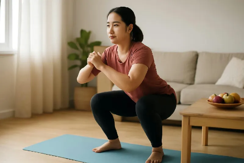 Người phụ nữ Việt tập squat tại nhà trên thảm tập buổi sáng