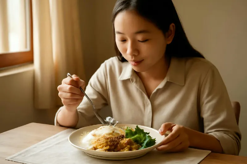 Người đang ăn bữa trưa cơm với thịt, cá và rau luộc