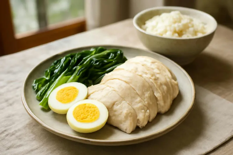Đĩa ức gà luộc, trứng và rau xanh cạnh bát cơm