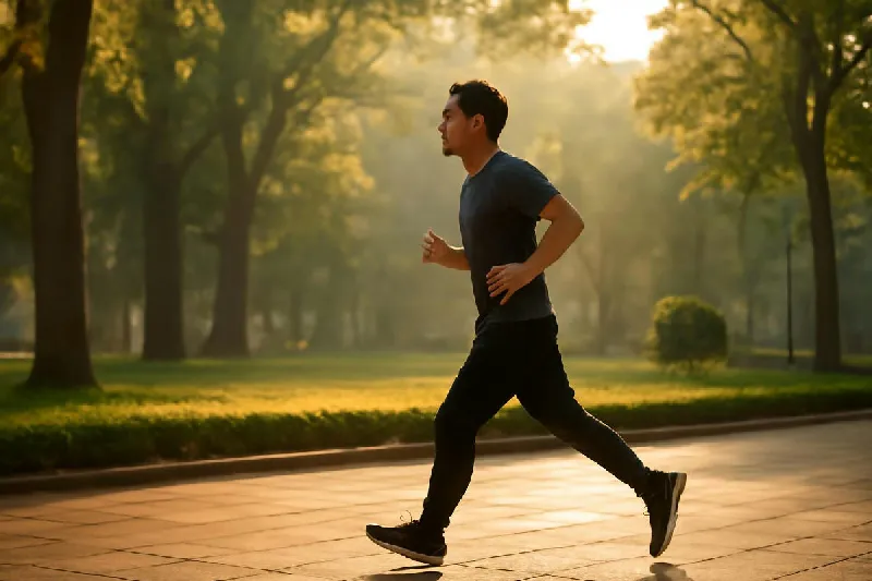 Người đi bộ buổi sáng trong công viên cạnh bát phở bò