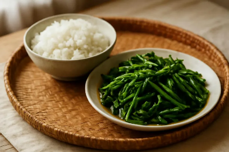 Bát cơm trắng và đĩa rau luộc đặt cạnh nhau trên mâm cơm