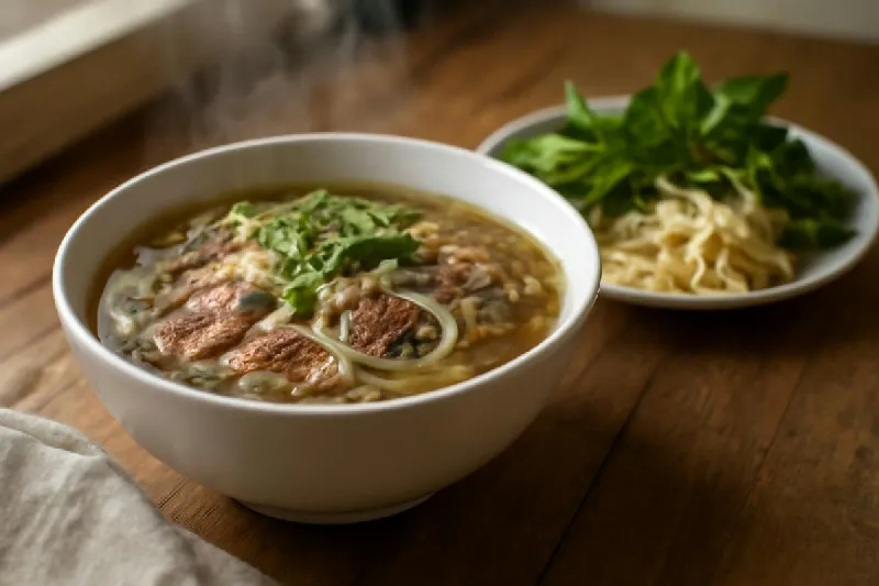 Tô phở bò nóng và đĩa rau sống đặt trên bàn ăn