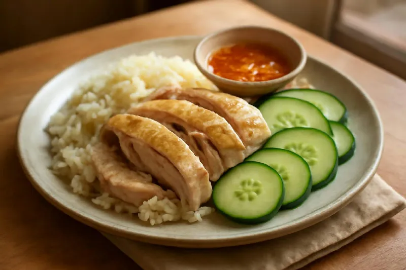 Đĩa cơm gà với dưa leo và chén nước chấm trên bàn