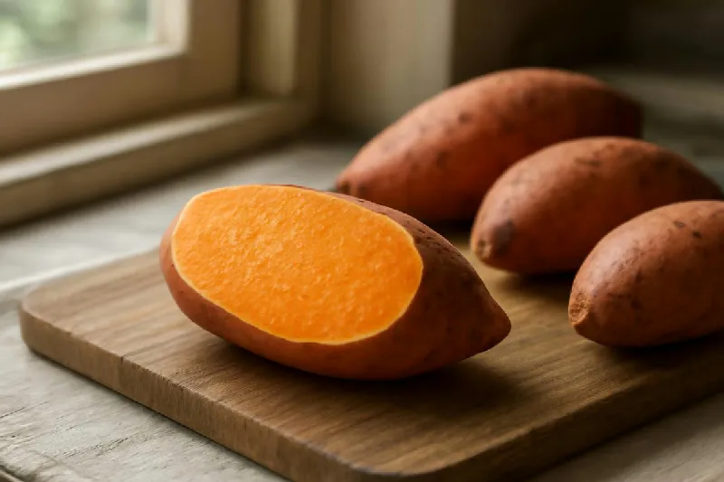 Củ khoai lang ruột vàng cam bổ đôi trên thớt gỗ