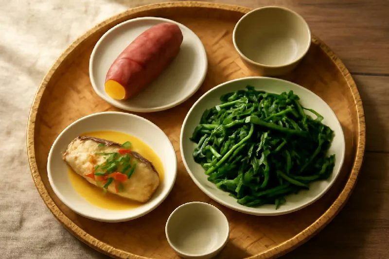 Mâm cơm Việt có khoai lang luộc, cá hấp và rau xanh