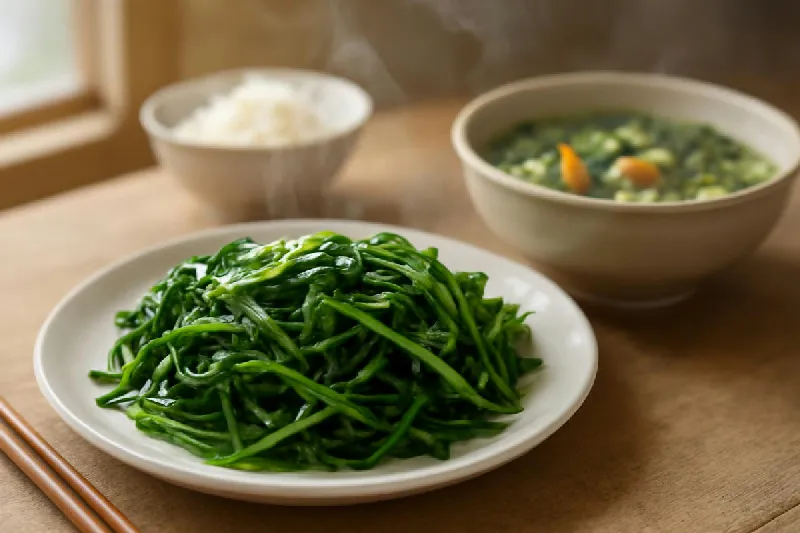 Đĩa rau muống luộc cạnh bát canh rau trên mâm cơm gia đình
