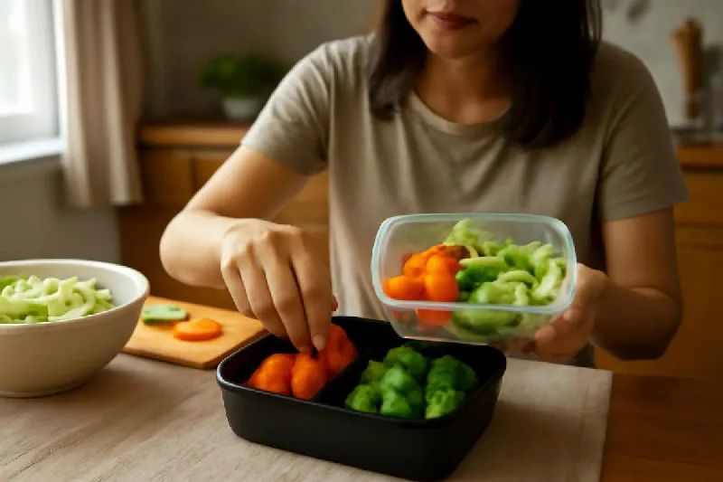 Người đang xếp rau củ đã rửa sạch vào hộp để mang đi làm