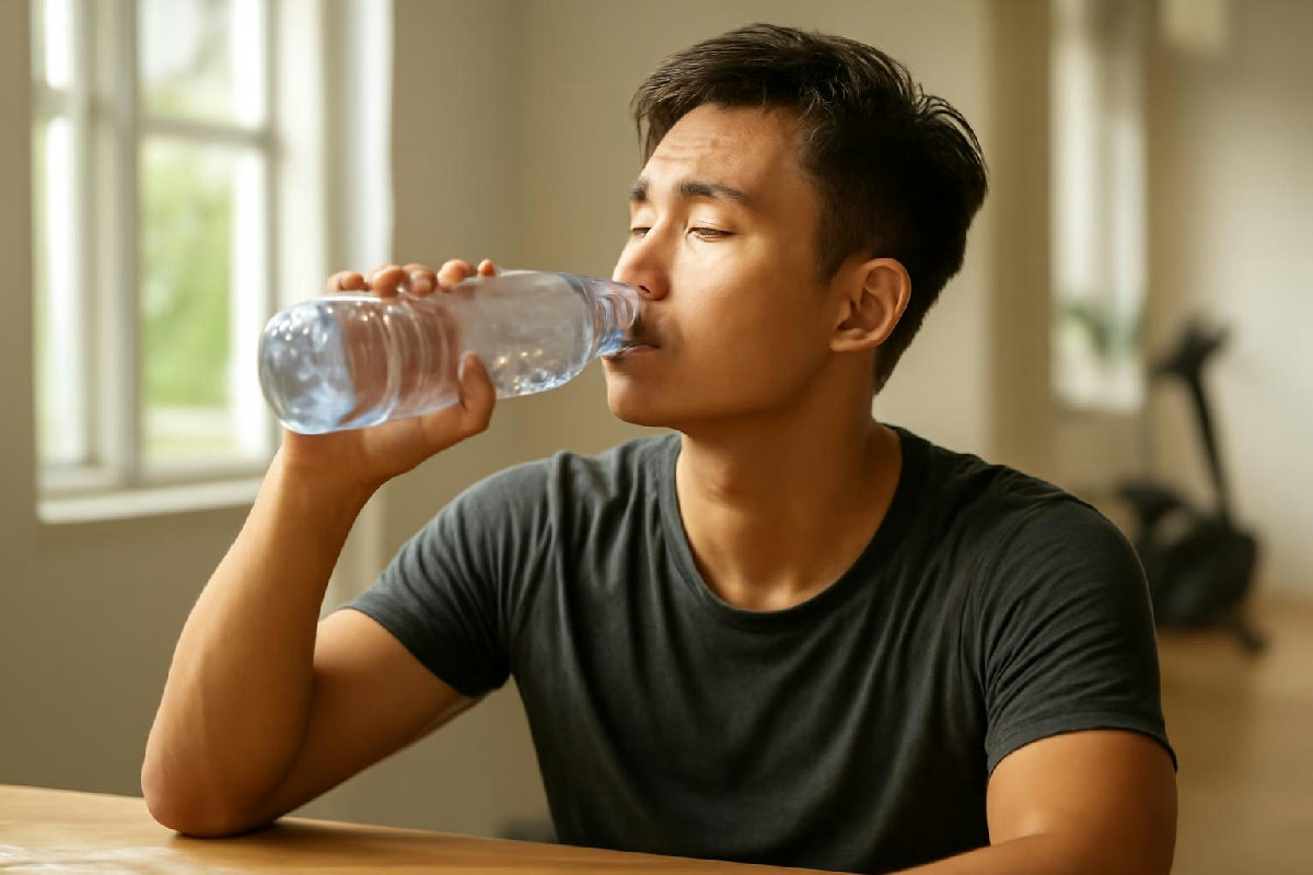 người tập gym uống nước sau buổi tập ra nhiều mồ hôi