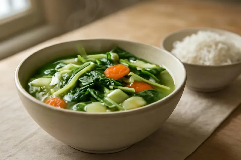 Tô canh rau nóng bốc khói đặt cạnh bát cơm nhỏ trên bàn ăn