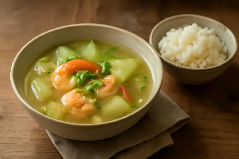 Tô canh bí xanh nấu tôm nóng hổi bên bát cơm nhỏ trên mâm cơm Việt