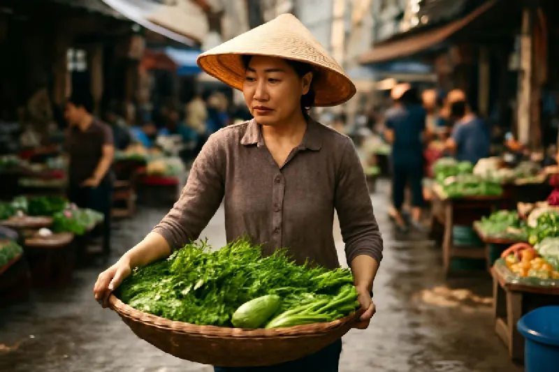Người phụ nữ xách giỏ rau củ đi bộ qua khu chợ buổi sáng