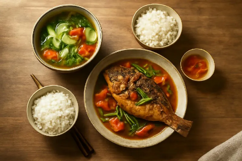 Mâm cơm gia đình Việt với cá kho, canh rau và cơm trắng