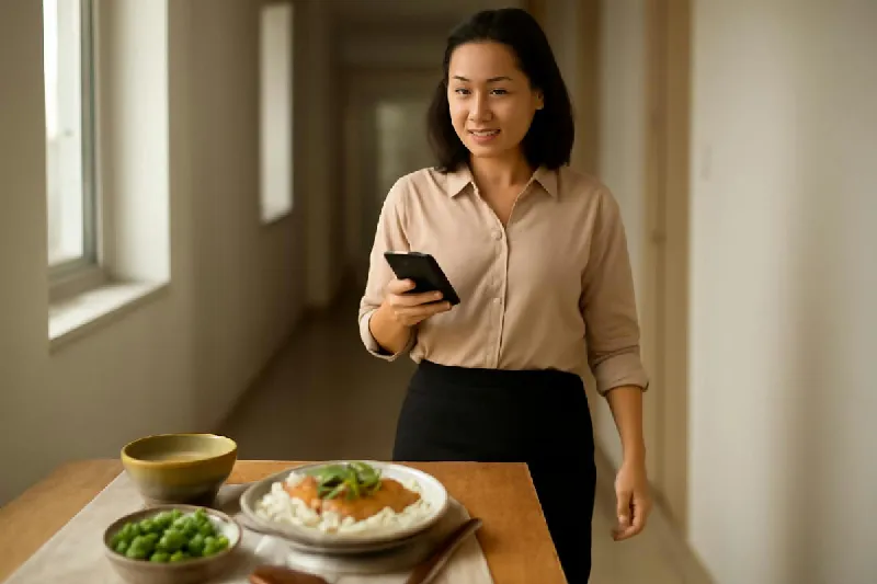 Nhân viên văn phòng đứng dậy đi bộ ngoài hành lang giờ nghỉ trưa