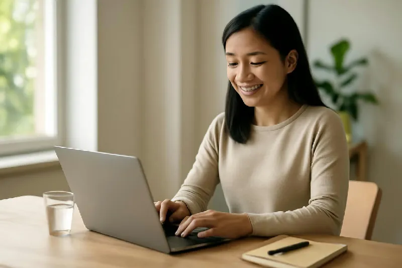 Người phụ nữ đứng làm việc bên bàn đứng, cạnh ly nước và cuốn sổ