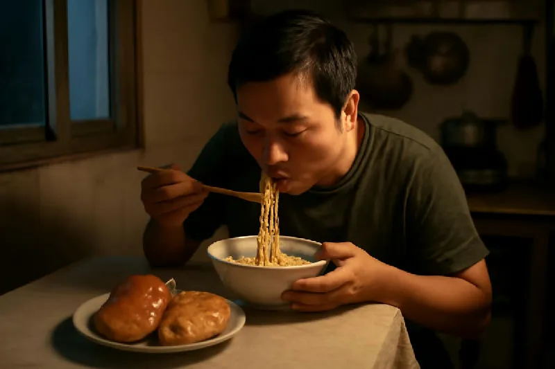 Người ăn mì gói và bánh ngọt bên bàn lúc đêm khuya