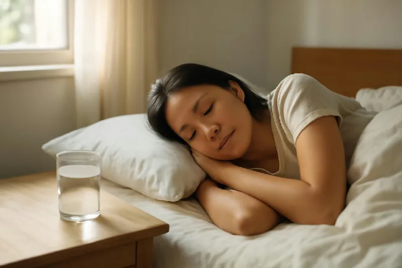 Người phụ nữ Việt ngủ ngon trên giường buổi sáng cạnh cốc nước