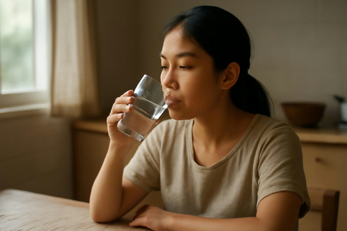Người phụ nữ uống nước lọc buổi sáng trong giờ nhịn ăn