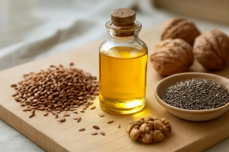 Dầu hạt lanh, hạt óc chó và hạt chia đặt trên mặt bàn gỗ