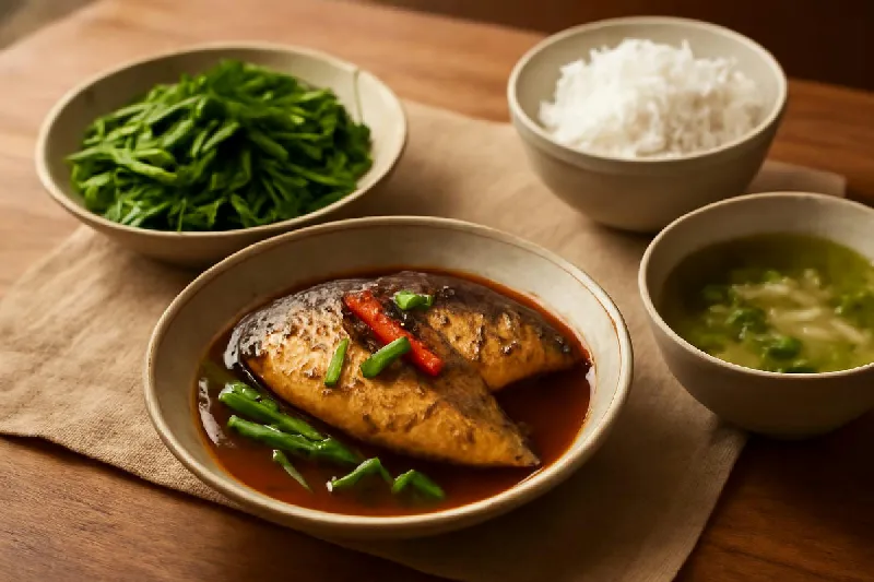 Mâm cơm Việt có cá thu kho, rau luộc và canh