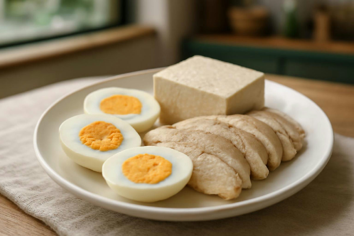 Trứng luộc, ức gà và đậu phụ, nguồn protein mỗi ngày