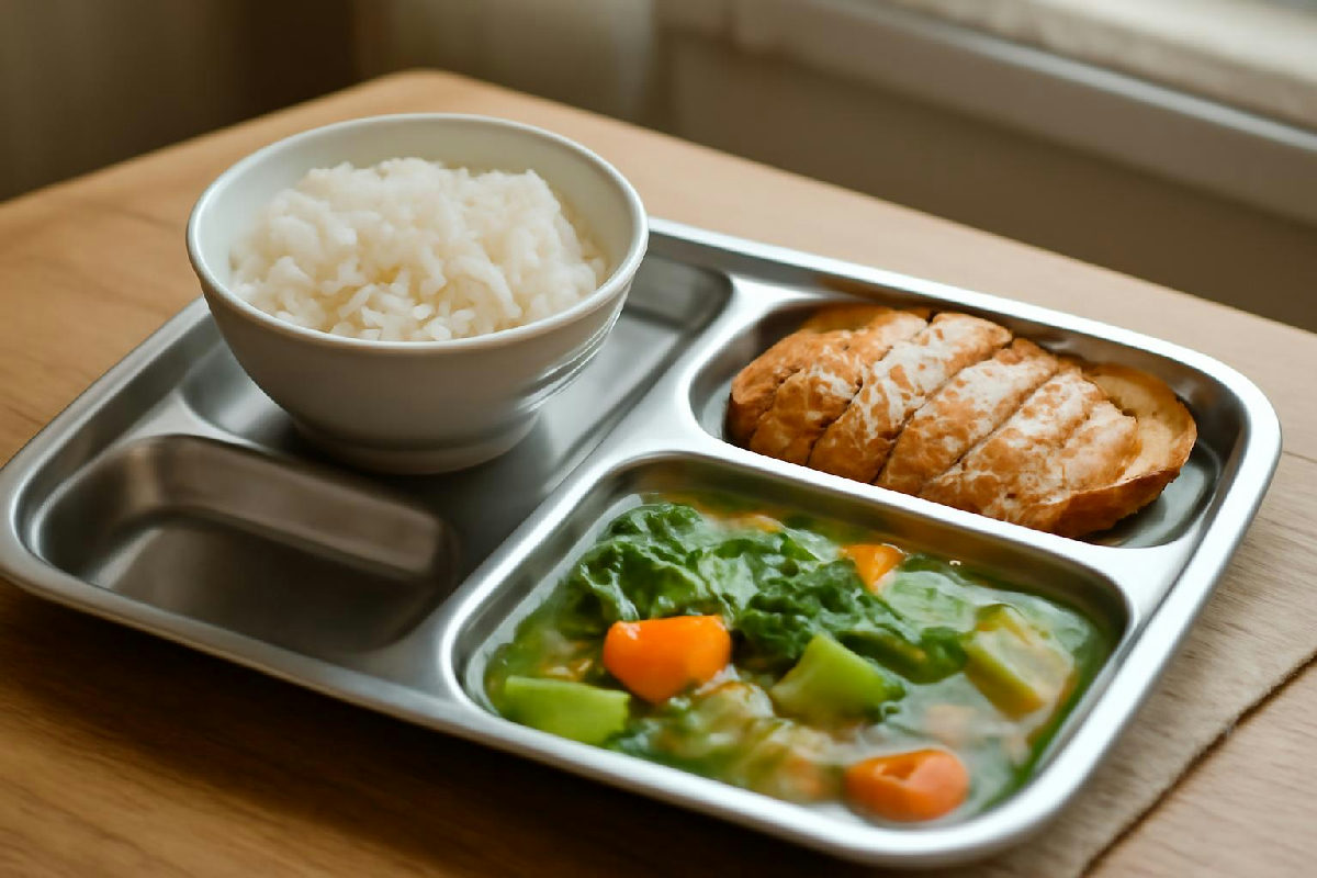 bữa trưa cơm ức gà áp chảo và canh rau đủ đạm