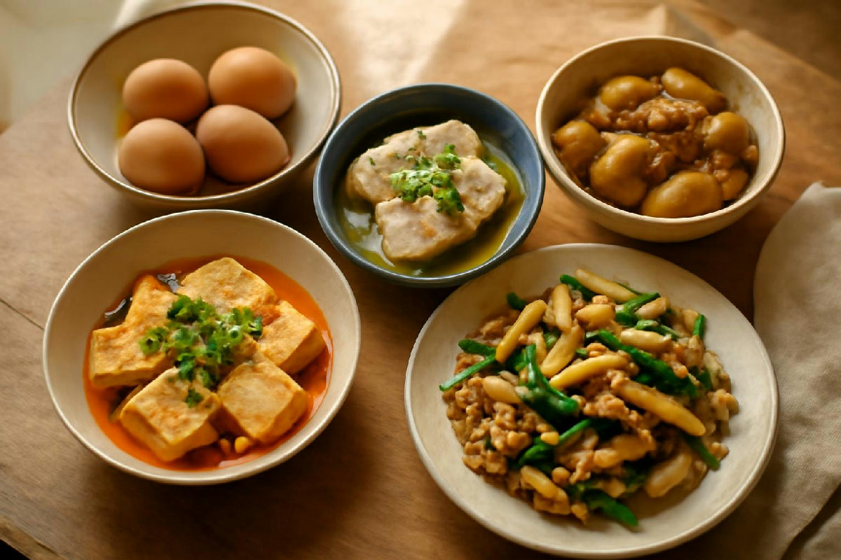 các nguồn đạm trứng cá đậu phụ và thịt gà