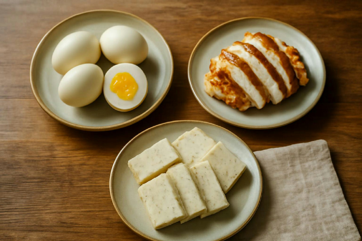 Trứng luộc, ức gà và đậu phụ trên bàn, protein mỗi ngày