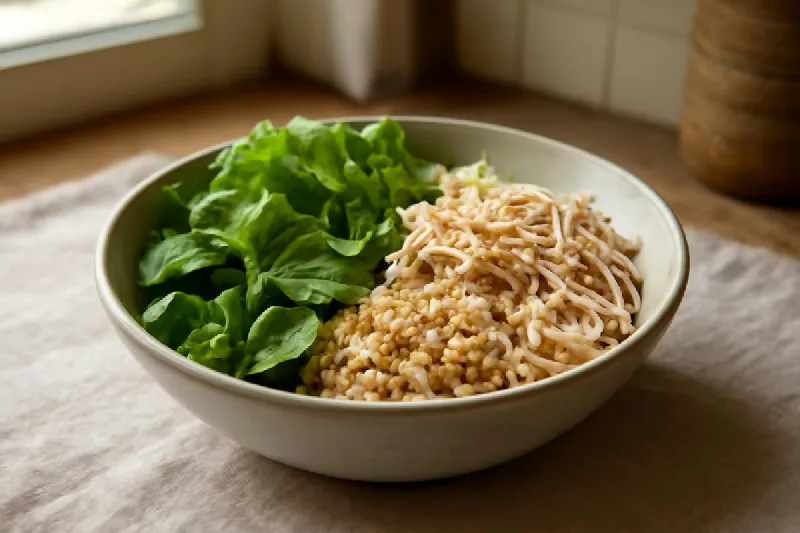 Bát salad chia phần rau, ức gà, cơm gạo lứt và mè rang