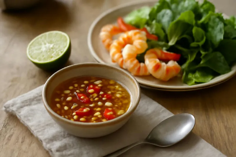 Chén nước mắm chanh tỏi ớt bên cạnh dĩa rau sống và tôm luộc