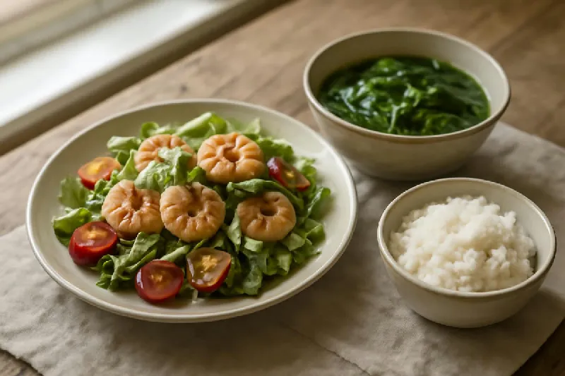 Mâm cơm có đĩa salad tôm, canh rau và nửa chén cơm