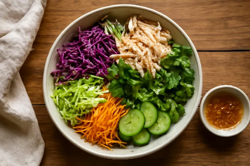 Bát salad gà xé phalê, rau sống, cà chua và nước mắm chanh kiểu Việt