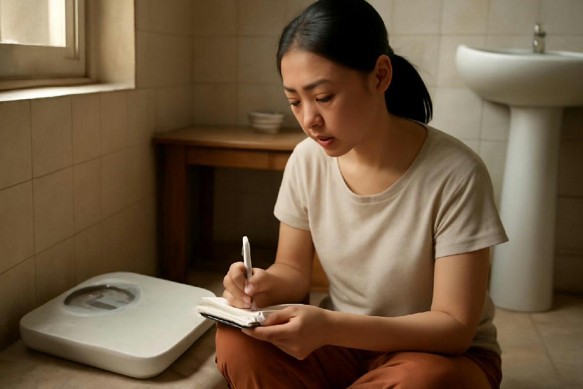Người ghi số cân vào sổ sau khi cân buổi sáng