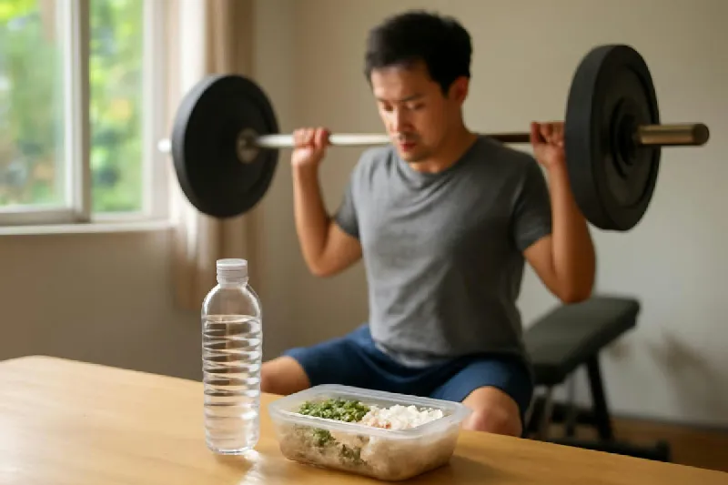 Người tập tạ trong phòng gym, cạnh chai nước và hộp cơm