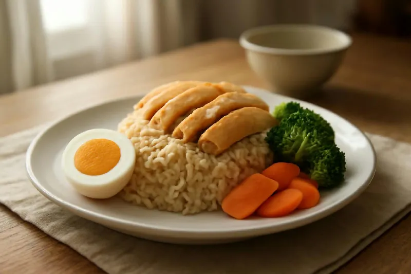 Đĩa cơm gà với trứng luộc và rau luộc trên bàn ăn