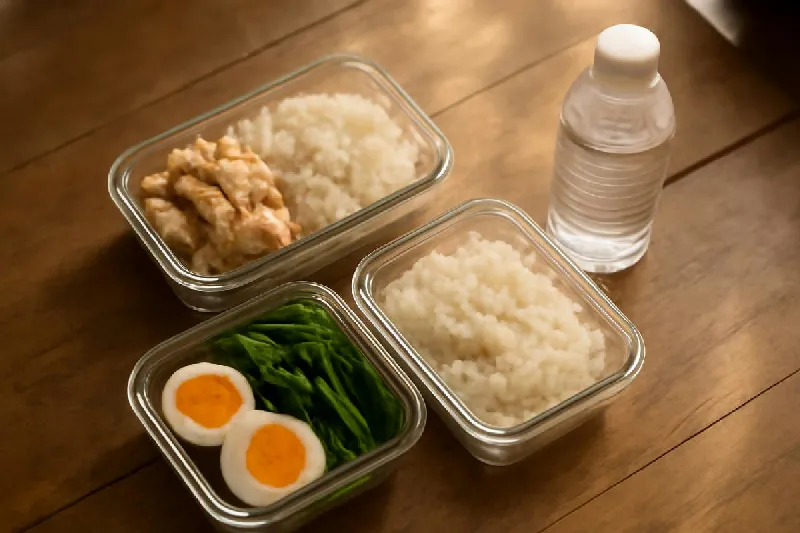 Mâm cơm gà, trứng luộc và rau luộc cho người tập gym