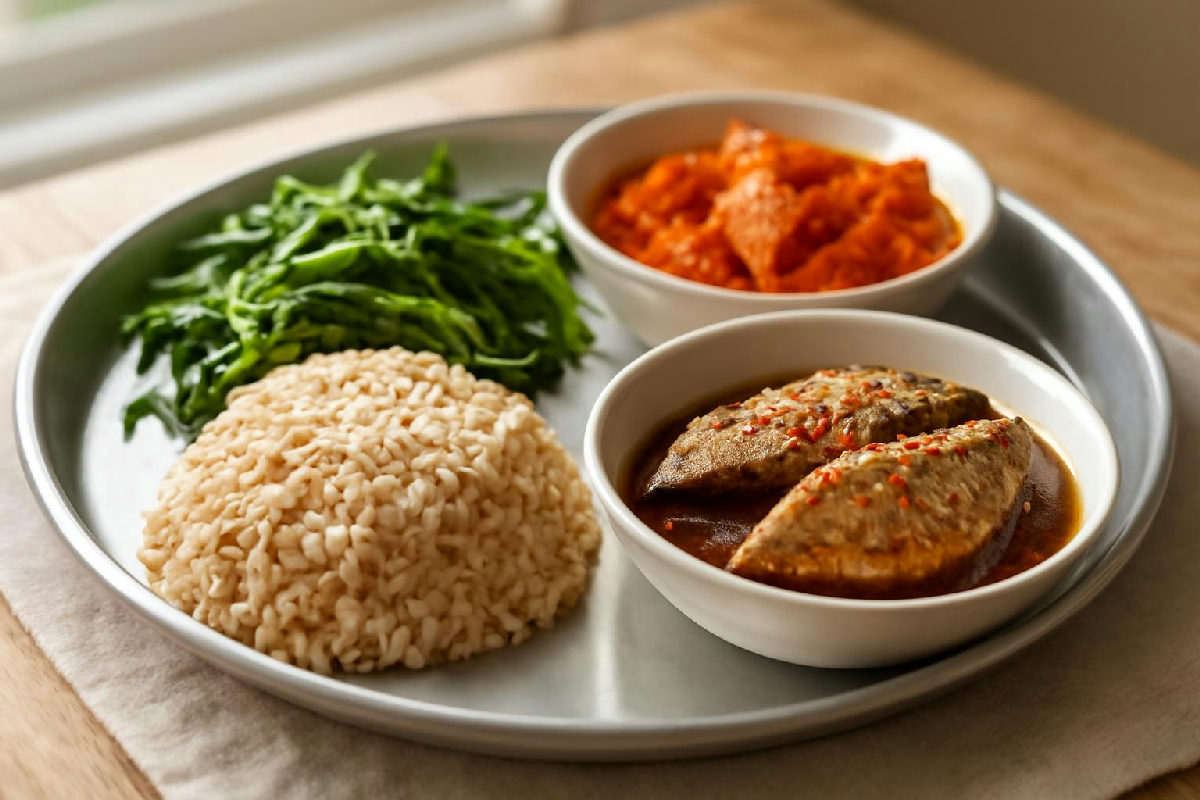 Mâm cơm gạo lứt, cá kho, canh rau và đậu hũ sắp trên bàn