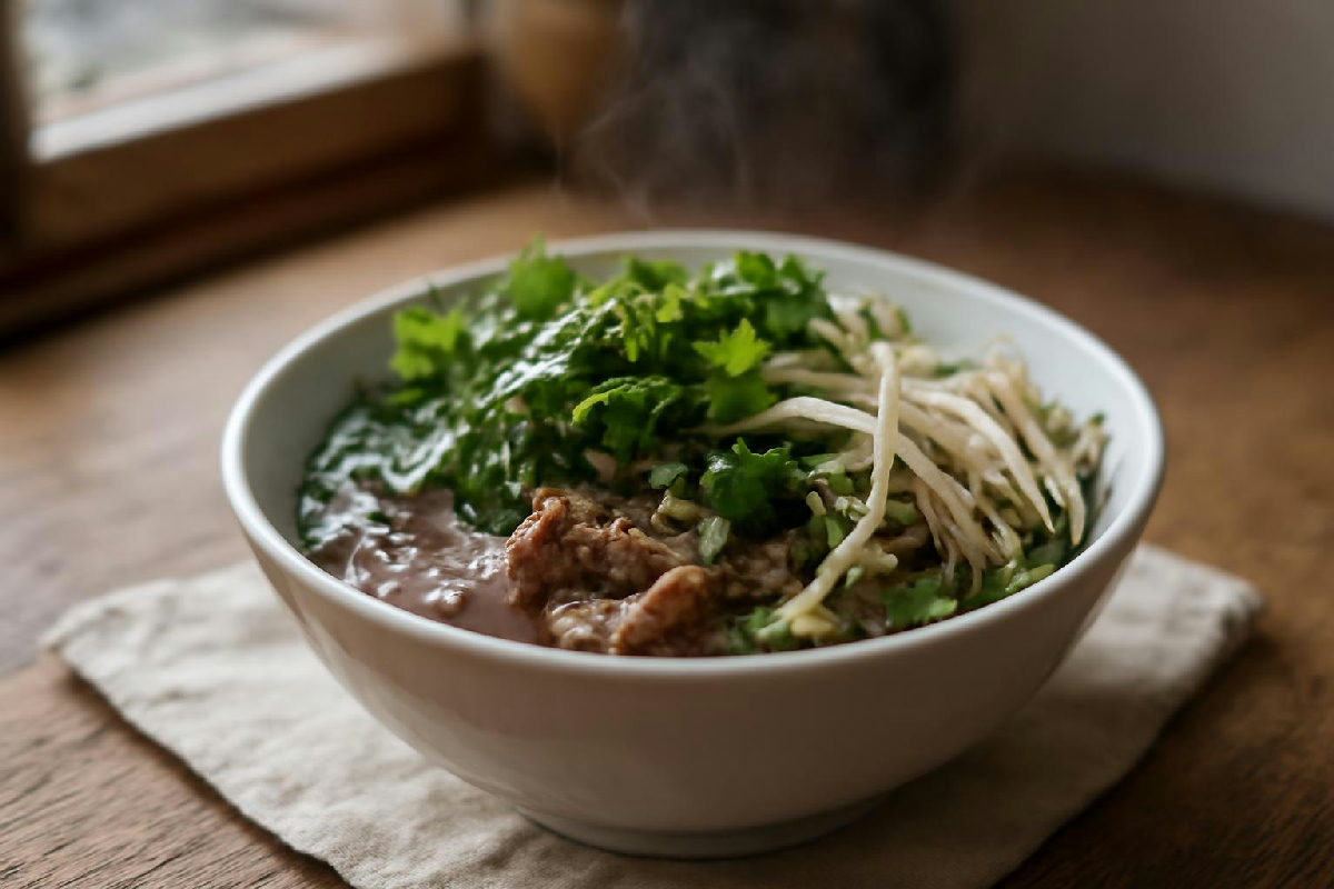 Tô phở bò nhỏ nhiều rau thơm và giá đỗ