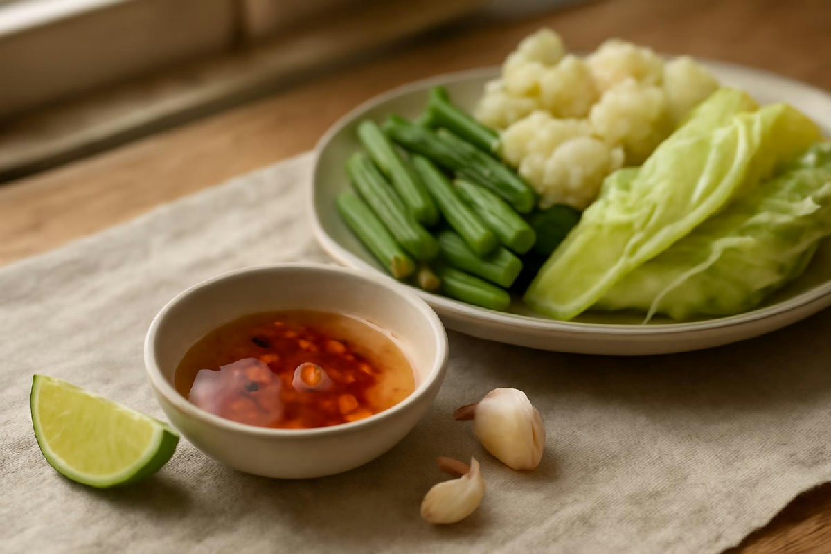 Bát nước chấm pha loãng với chanh, tỏi, ớt bên đĩa rau luộc