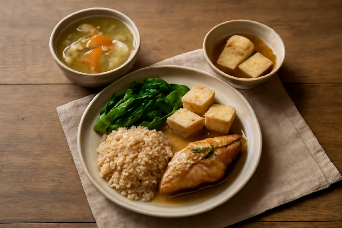 Mâm cơm eat clean món Việt với cá kho, canh rau và cơm gạo lứt