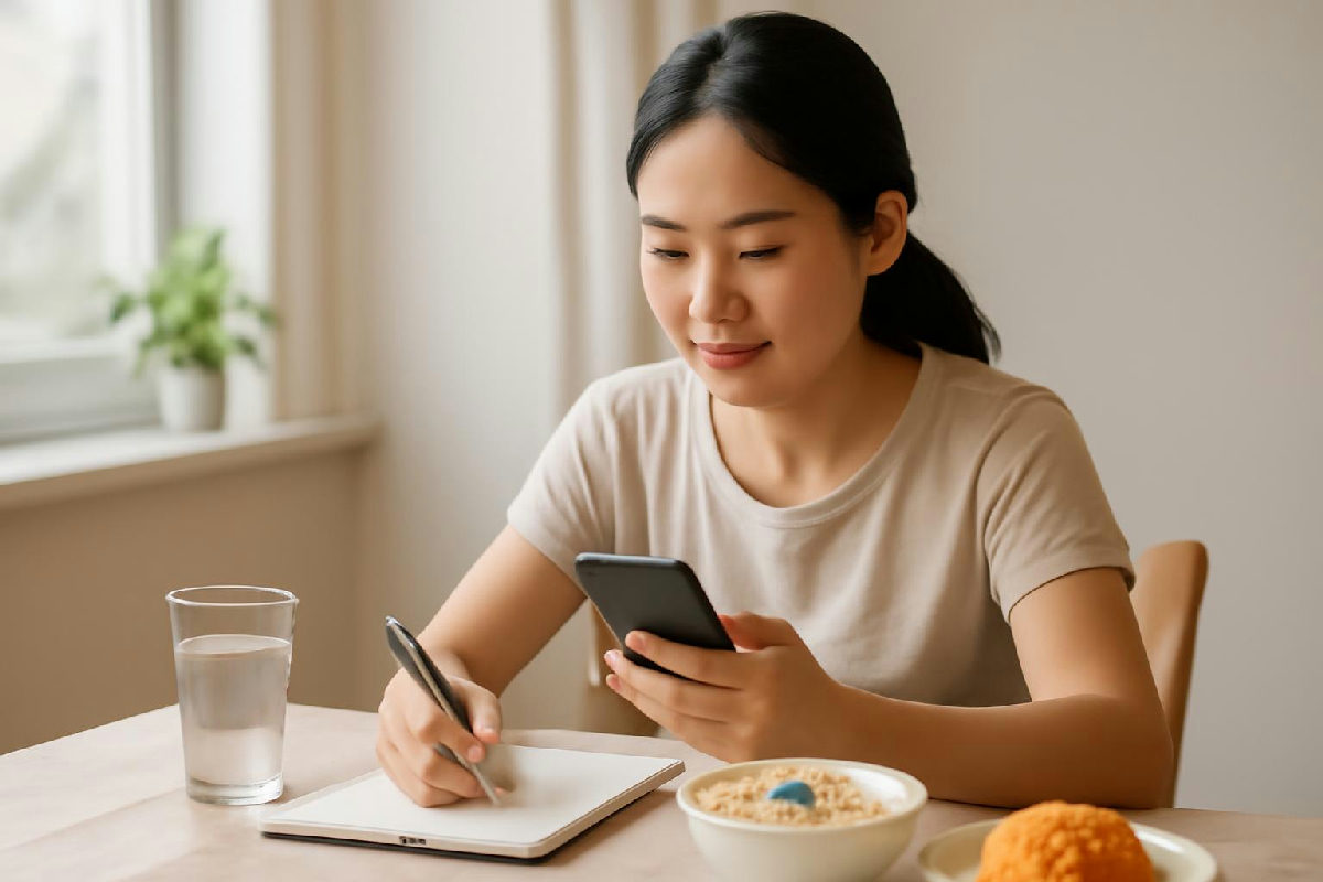 Người phụ nữ ngồi bàn tính calo bằng điện thoại cạnh bữa ăn