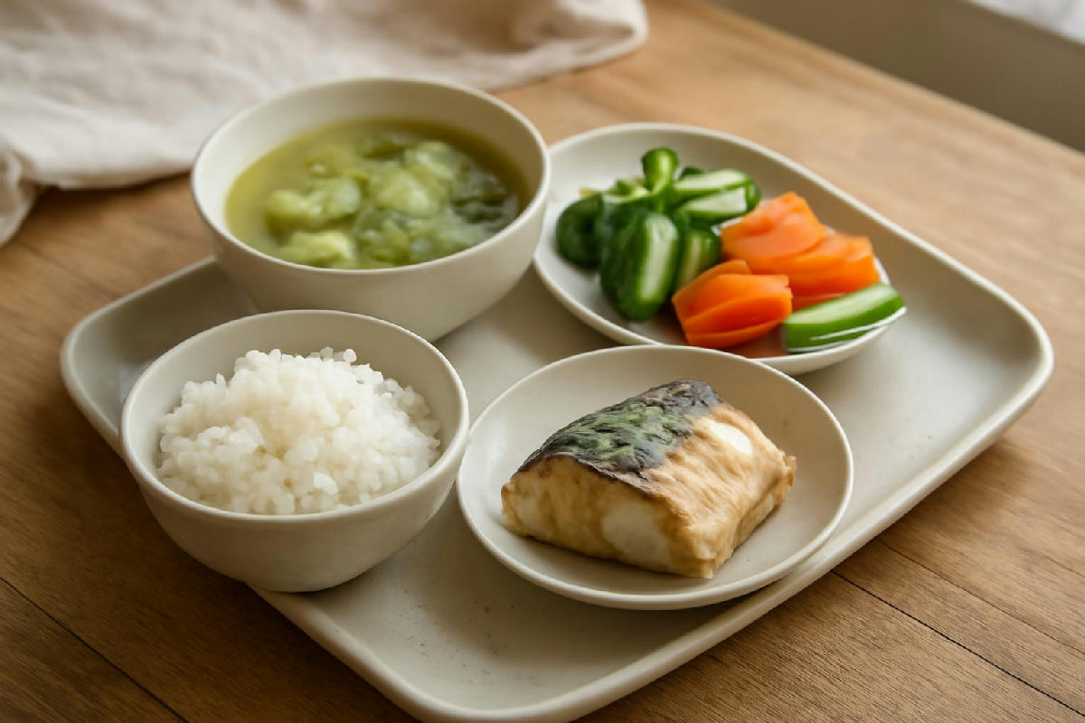 Mâm cơm gồm cá hấp, rau luộc và canh bí đao trên bàn gỗ